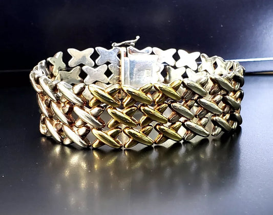 Vintage 14k Gold, 925 Sterling Silver X Link Mesh Bracelet 31.1g Italy 7"