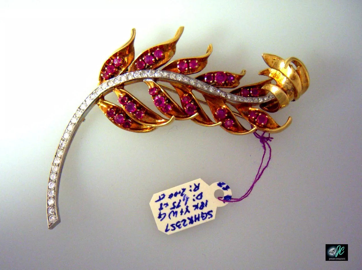 Vintage 18K White and yellow Gold Diamond Ruby Branch Feather Pin Brooch Hand Made