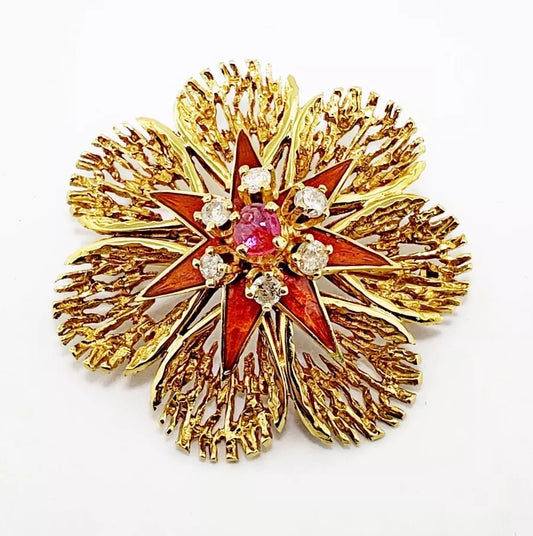 Vtg 14k Yellow Gold Diamond, Ruby Cab & Orange Enamel Flower Brooch Pin Israel