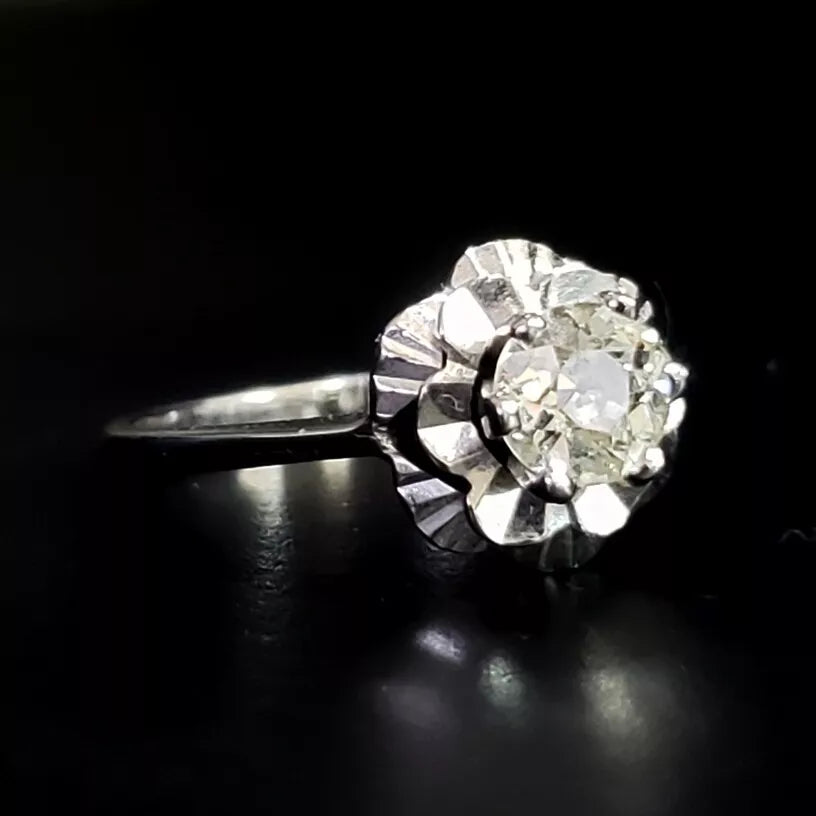 Vintage .58 Ct Natural Old Mine Diamond Flower Buttercup Solitaire Ring 14k WG