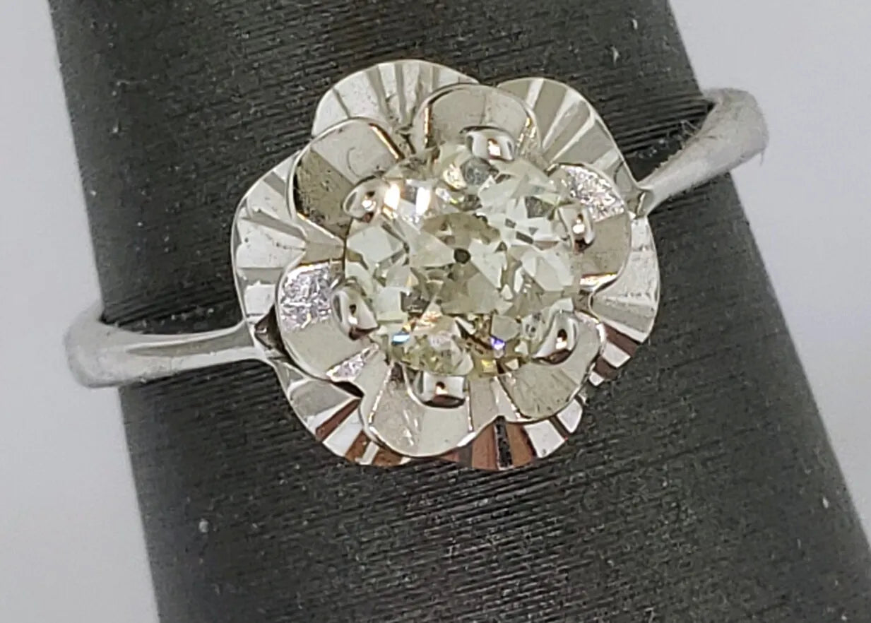 Vintage .58 Ct Natural Old Mine Diamond Flower Buttercup Solitaire Ring 14k WG