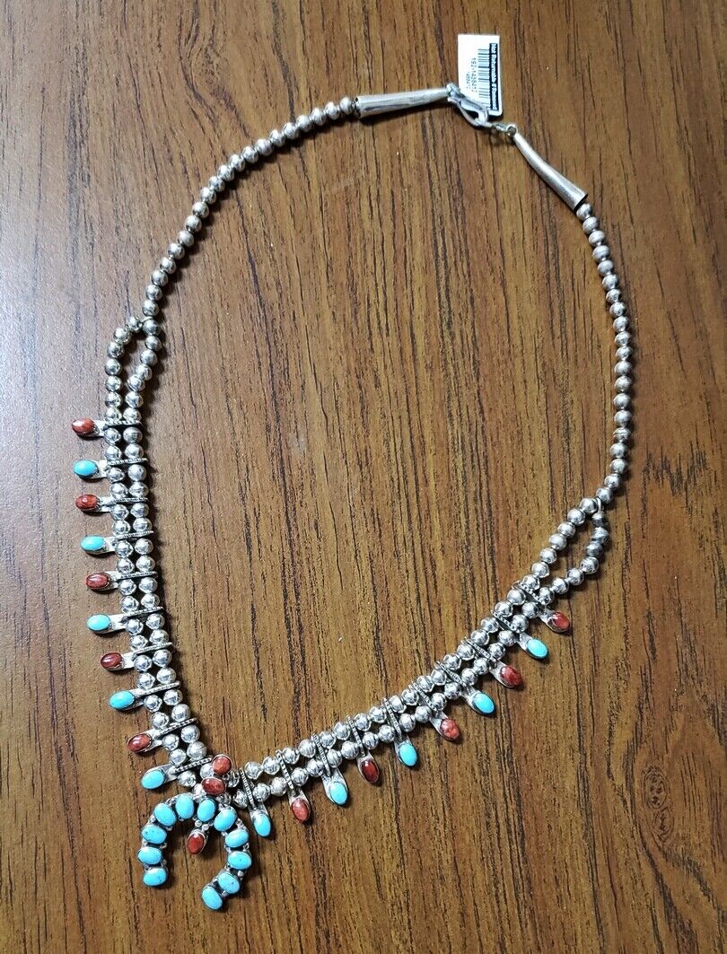 NAVAJO Sterling Silver TURQUOISE & SPINY OYSTER Squash Blossom NECKLACE 84.8g