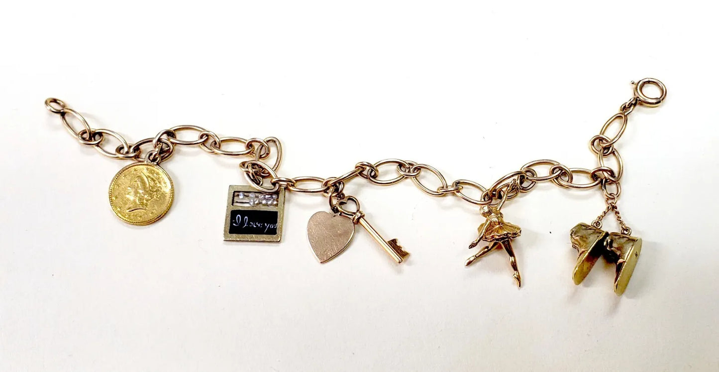 14k Yellow Gold 13.6g Solid Vintage Charm Bracelet 7.5" with 5 Gold Charms