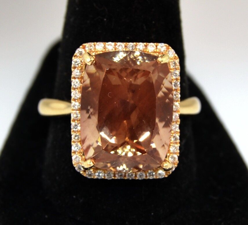 14k Gold ~6.0ct Cushion Copper Bearing Sun Stone and Round Diamond Halo Ring