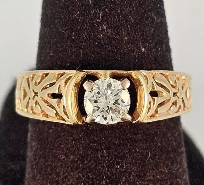 Vintage 1/2 Ct Round Brilliant Diamond Filigree Solitaire Ring Yellow Gold size 6.5