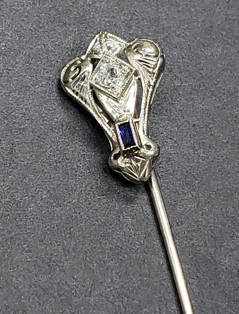 Antique Art Deco Diamond & Sapphire 18K White Gold Filigree Mill grain Stick Pin