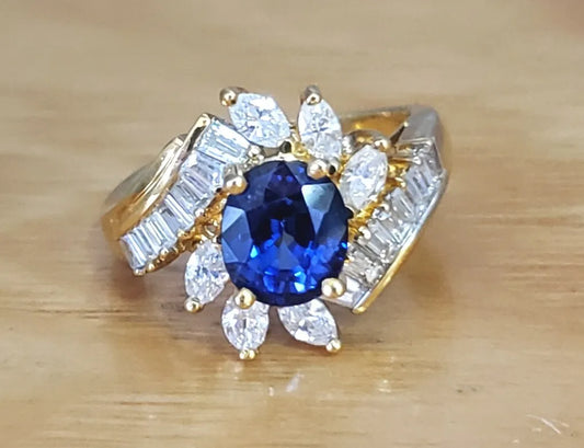 vtg 18k Y GOLD 1.30ct OVAL BLUE SAPPHIRE 1.00ct BAGUETTE & MARQUISE DIAMOND RING