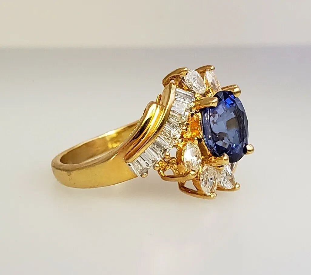 vtg 18k Y GOLD 1.30ct OVAL BLUE SAPPHIRE 1.00ct BAGUETTE & MARQUISE DIAMOND RING