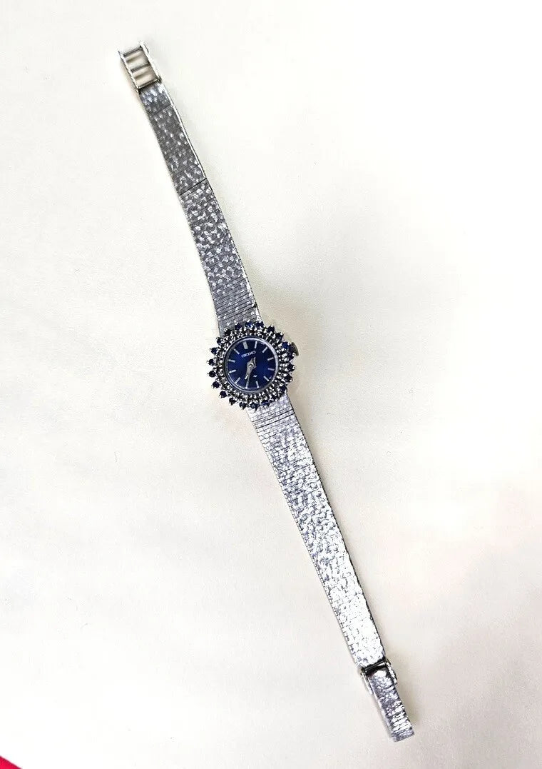 VINTAGE 1970's SEIKO 14K WHITE GOLD DIAMOND AND SAPPHIRE LADY'S WATCH