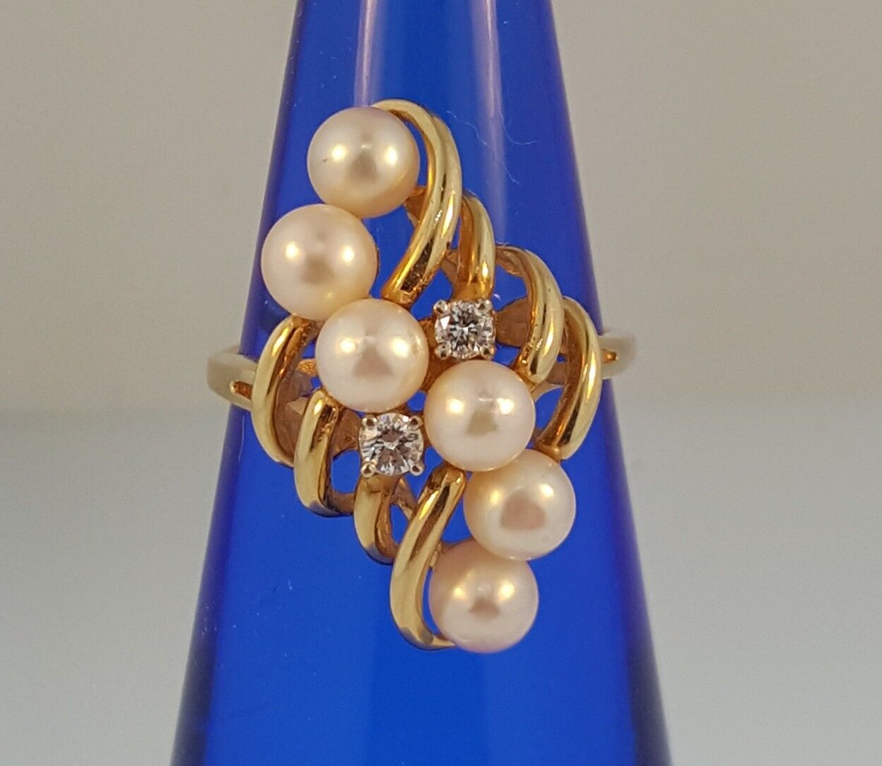 Have one to sell? Sell now 14K Yellow Gold 4.5-5 mm 6 Pearl Cluster and 2 Diamond Ring Size 5.5