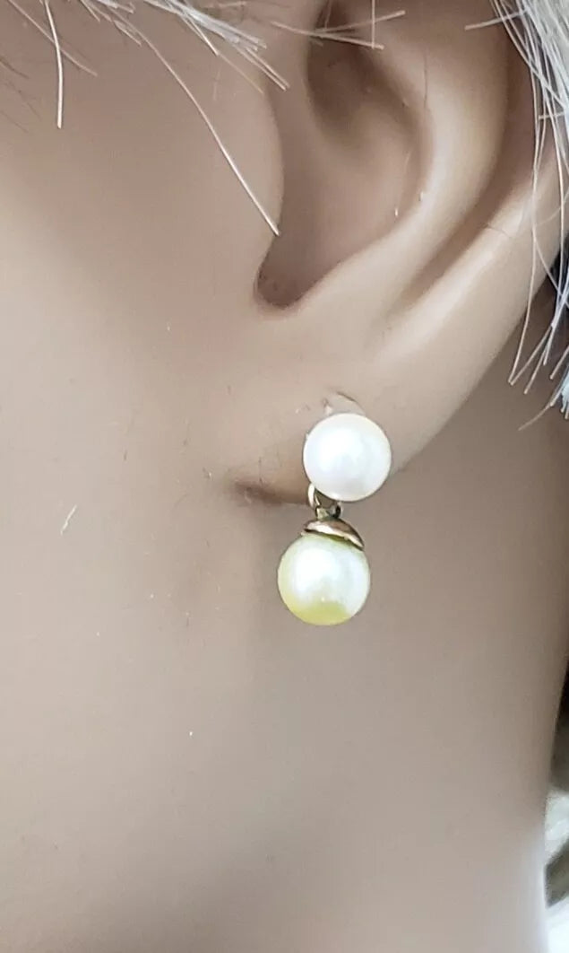 Vintage Hand Made 9ct Gold Double Freshwater Cultured Pearls Dangle Earrings