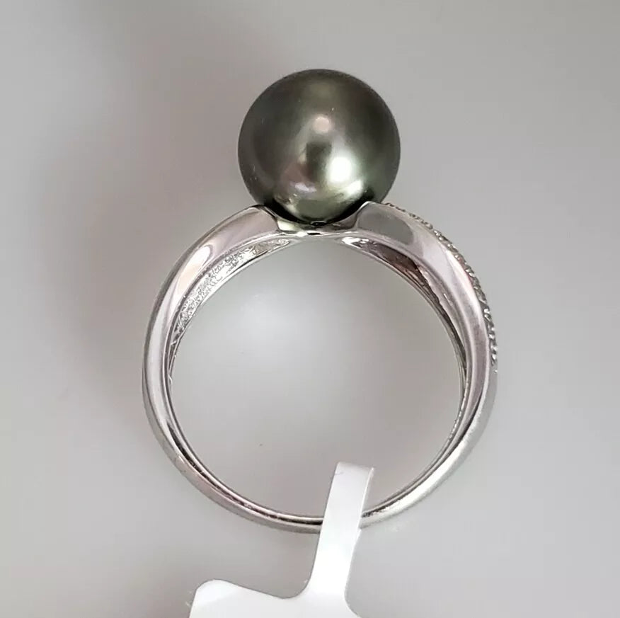 10 mm Tahitian black pearl ring, diamonds, solid 14k white gold Size 7