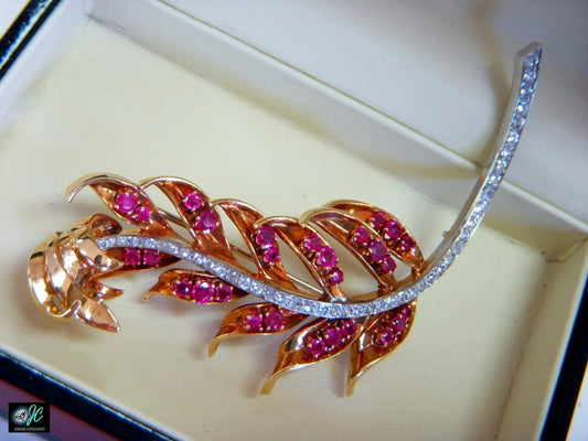 Vintage 18K White and yellow Gold Diamond Ruby Branch Feather Pin Brooch Hand Made