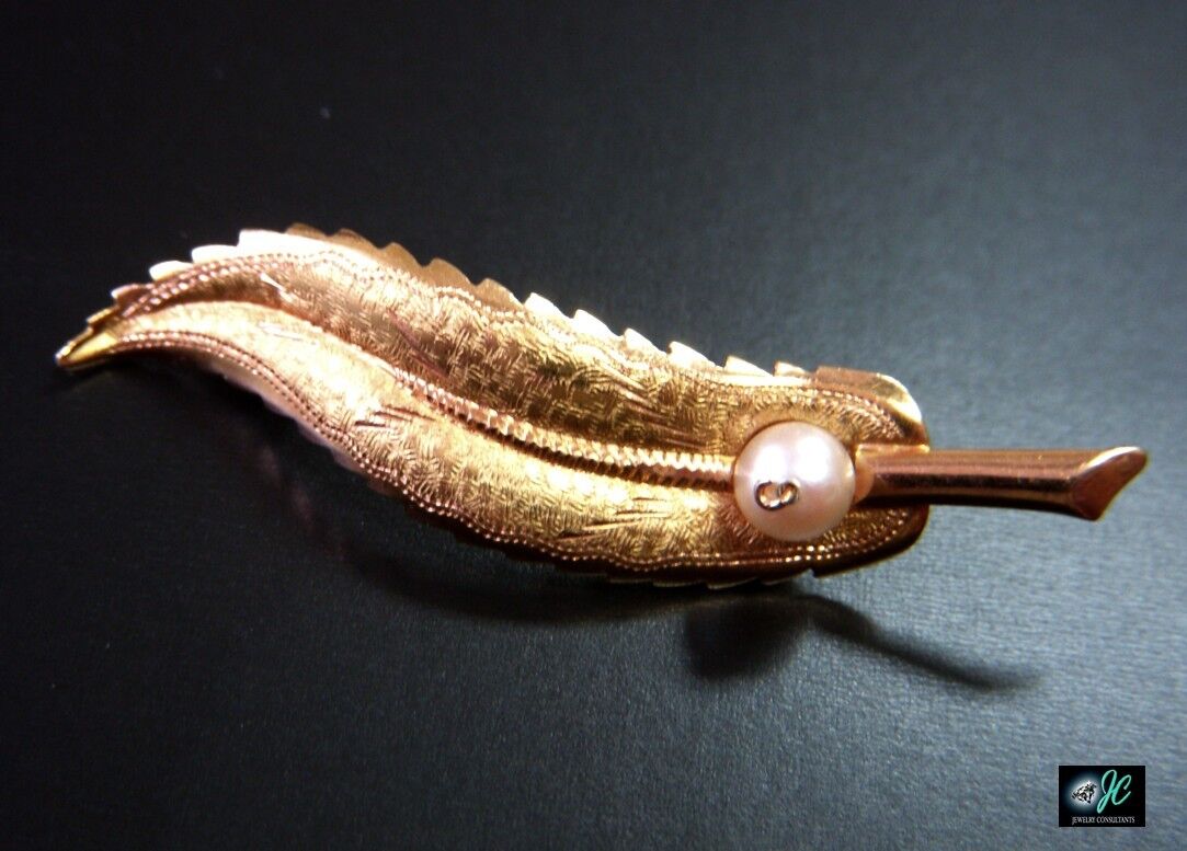 VINTAGE 750 SOLID 18K YELLOW GOLD HAND CARVED LEAF FEATHER PEARL PIN BROOCH