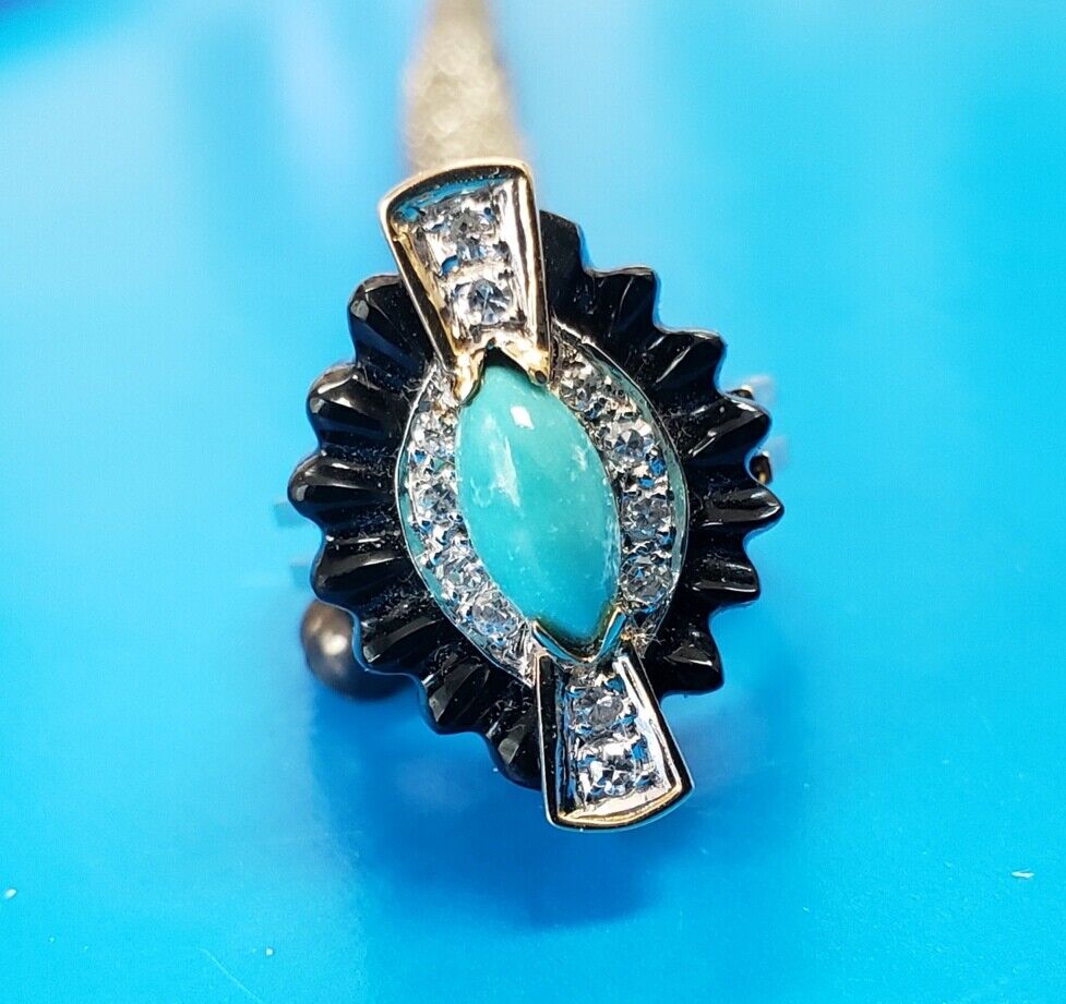 VINTAGE *CANDY WRAP* TURQUOISE-ONYX-DIAMOND RETRO RING 14K YELLOW GOLD SZ4.5