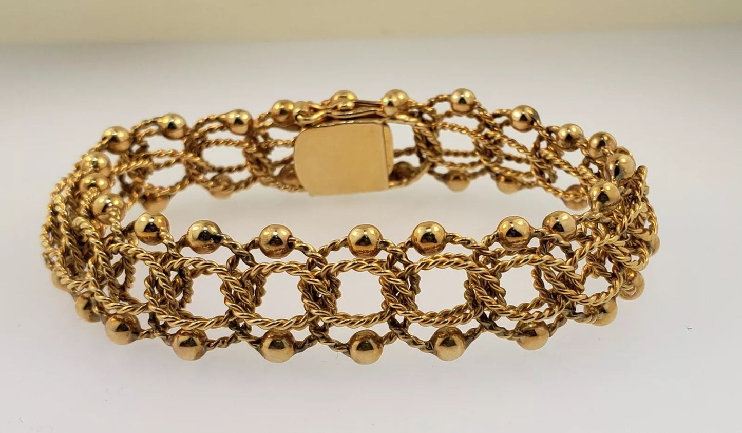 Yellow Gold 19.8g Solid Vintage 1/2" Triple Circle + Beads Charm Bracelet 6.5"