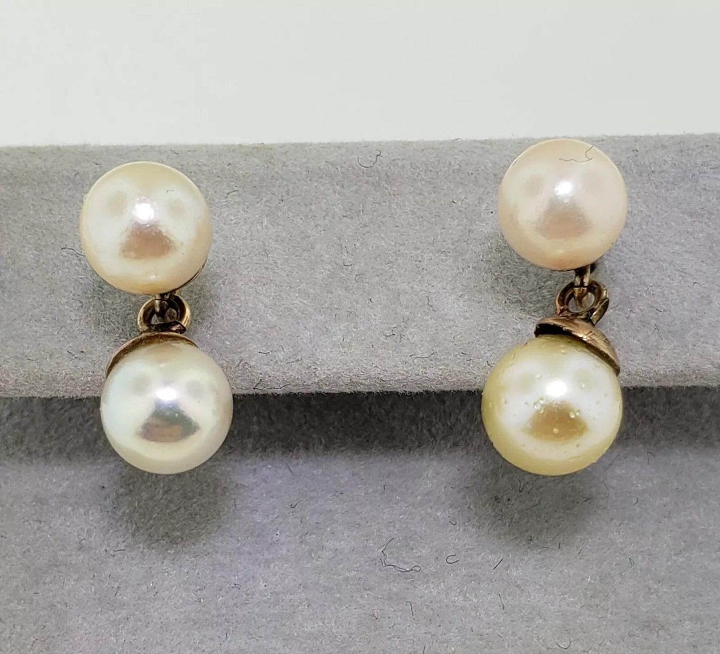 Vintage Hand Made 9ct Gold Double Freshwater Cultured Pearls Dangle Earrings