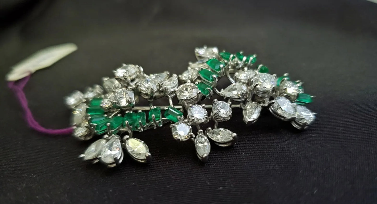 Vintage Platinum 5.00ct Diamond & 2.00ct Green Emeralds Hand Made Pin Brooch