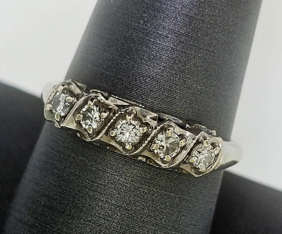 Vintage 14k White Gold ROUND DIAMOND Wedding Stack Anniversary Ring Band Size 9