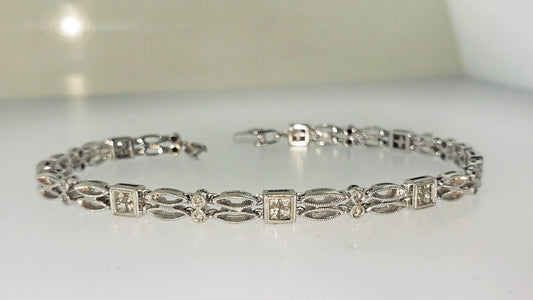 Vintage 18kt white Gold invisible square Diamond Filigree Tennis Bracelet 7"