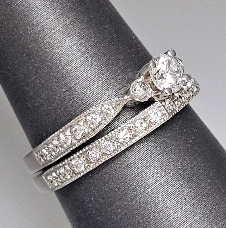 ~.75ctw Engraved Platinum Natural Diamond Bridal Engagement Wedding Set Size 6.5