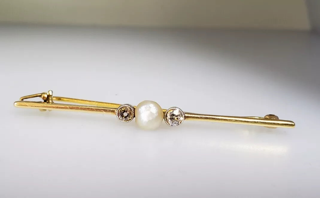 ANTIQUE .25CT OLD MINE DIAMOND & SOUTH SEA PEARL 14K TWO TONE GOLD 3D BROOCH PIN