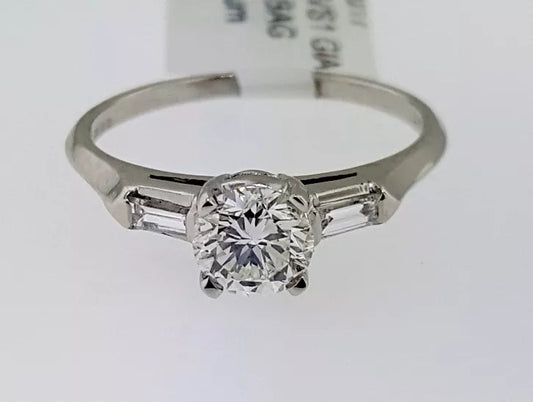 Vintage GIA Cert Platinum Diamond Engagement Ring .61ct Round Brilliant Baguette