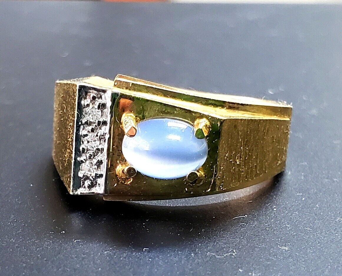 Vintage Cats Eye & Diamond 14k Yellow Gold Men's Ring Size 10