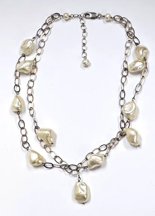 Vtg Sterling Silver Necklace 2 Layers Adjustable White Baroque Pearls 43.1 Gr