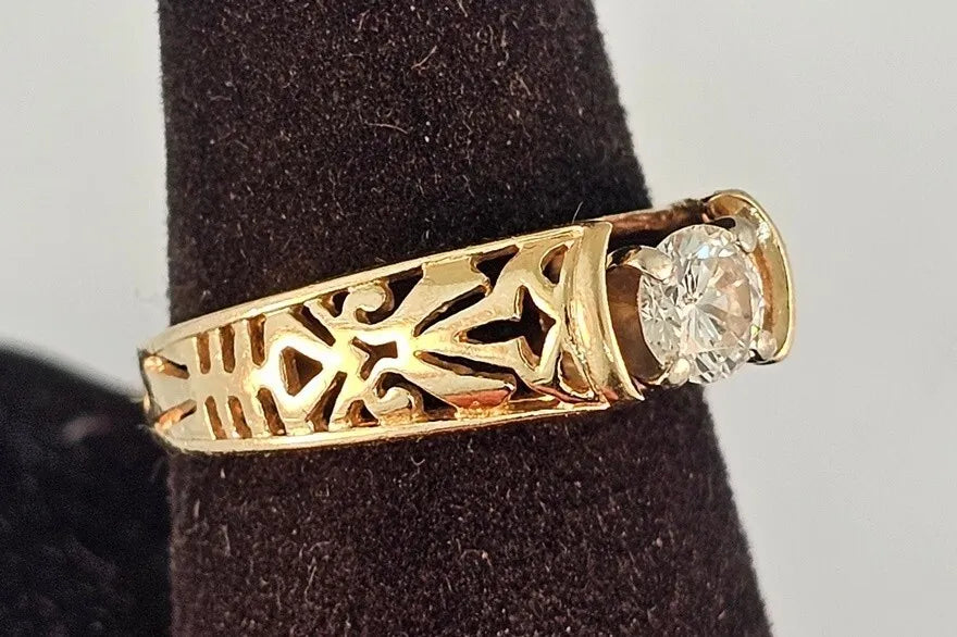 Vintage 1/2 Ct Round Brilliant Diamond Filigree Solitaire Ring Yellow Gold size 6.5