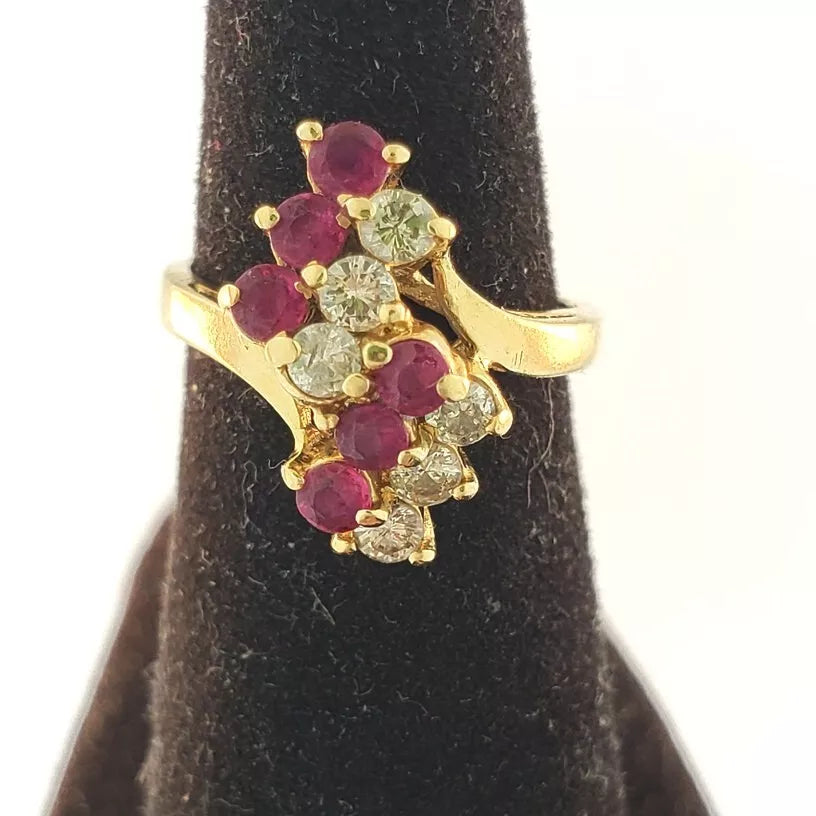 VINTAGE 14K YELLOW GOLD RUBY AND DIAMONDS CLUSTER WATERFALL COCKTAIL RING