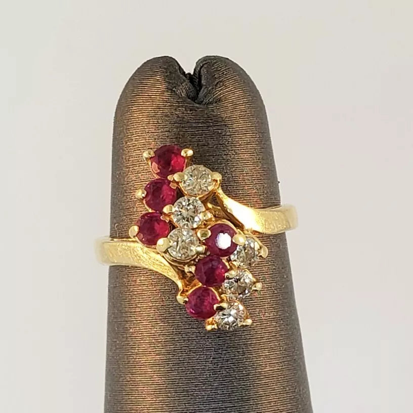 VINTAGE 14K YELLOW GOLD RUBY AND DIAMONDS CLUSTER WATERFALL COCKTAIL RING