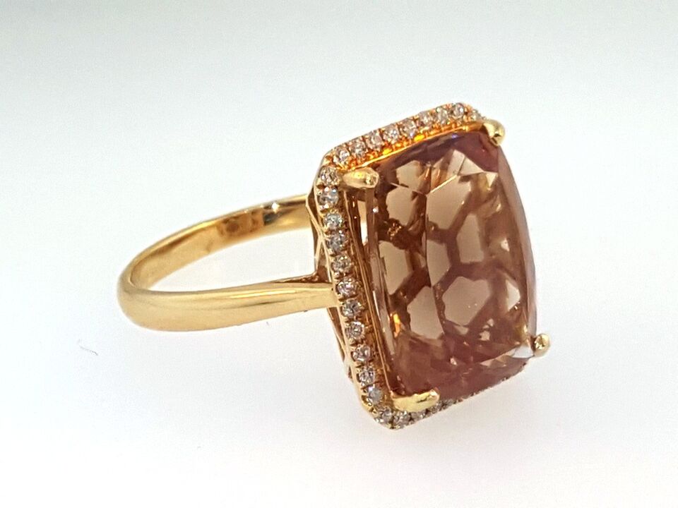 14k Gold ~6.0ct Cushion Copper Bearing Sun Stone and Round Diamond Halo Ring