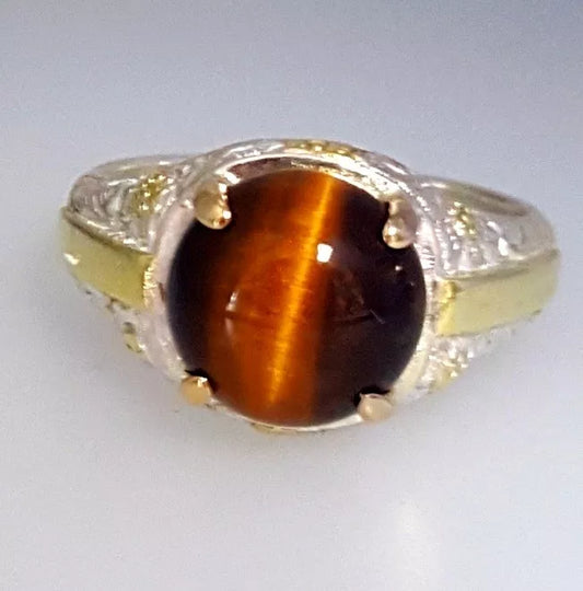 Men`s Vintage Sterling Silver 18k Gold Tiger`s Eye Cabochon Ring Size 9.5