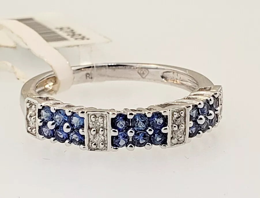 14K W Gold Blue Sapphire Diamond Wedding Anniversary Stack Band Ring 1/2 ctw