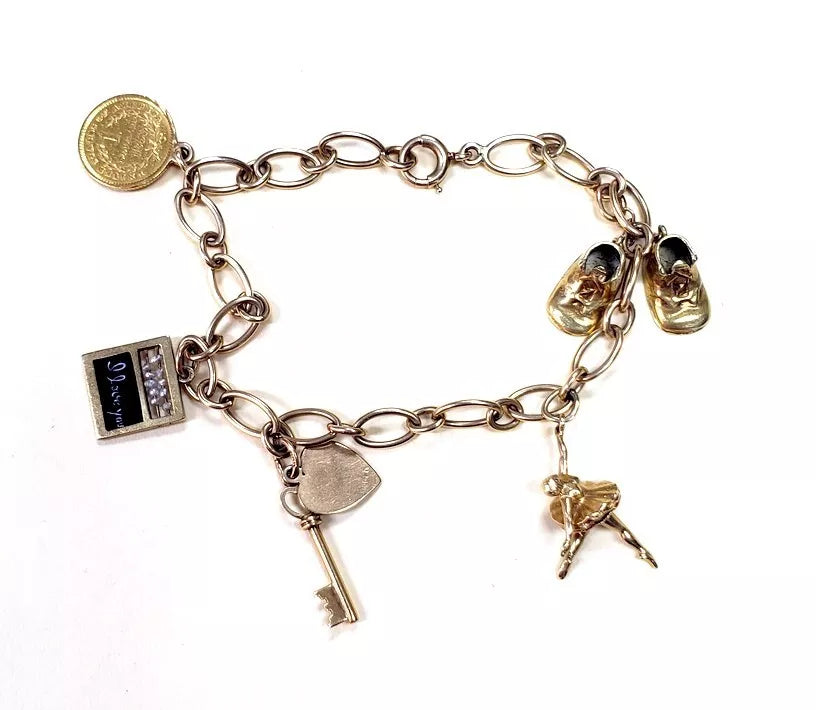 14k Yellow Gold 13.6g Solid Vintage Charm Bracelet 7.5" with 5 Gold Charms