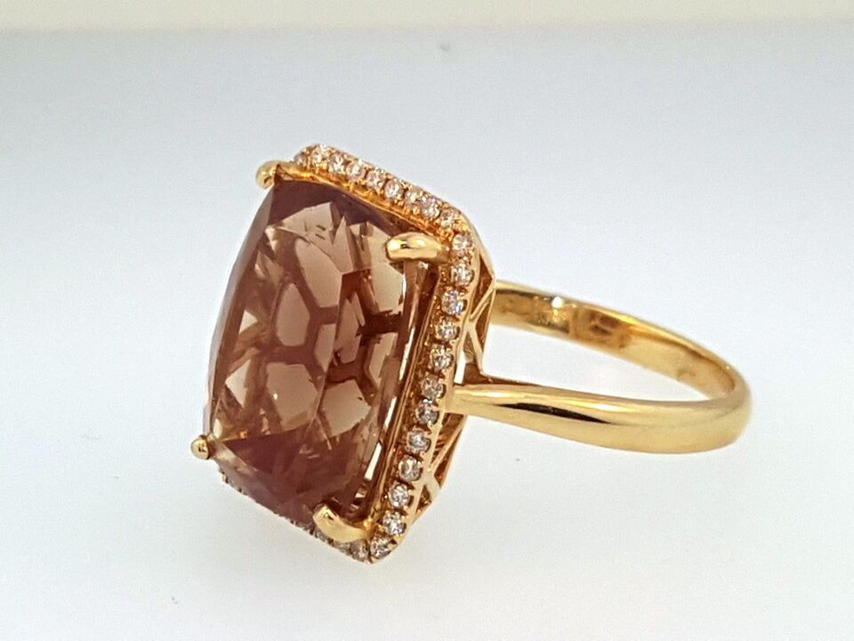 14k Gold ~6.0ct Cushion Copper Bearing Sun Stone and Round Diamond Halo Ring