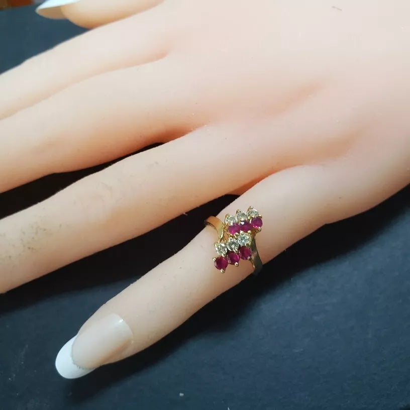 VINTAGE 14K YELLOW GOLD RUBY AND DIAMONDS CLUSTER WATERFALL COCKTAIL RING