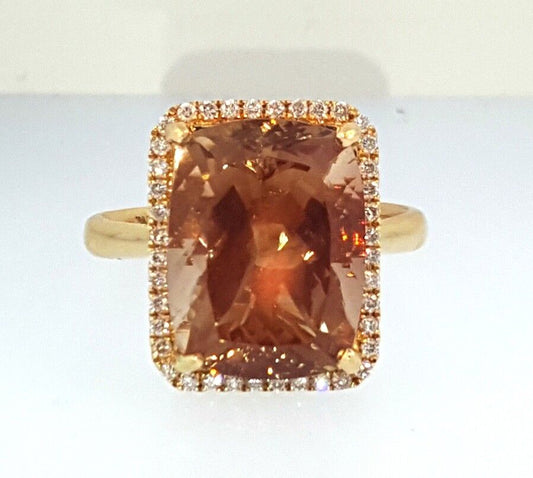 14k Gold ~6.0ct Cushion Copper Bearing Sun Stone and Round Diamond Halo Ring